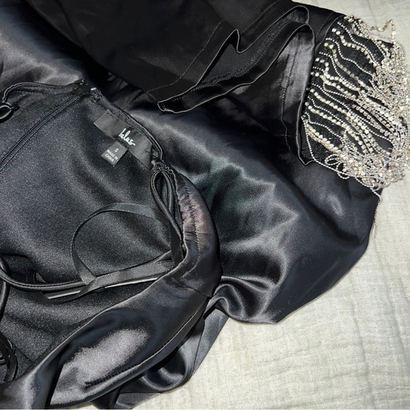 Lulus Strobe Lights Black Satin Rhinestone Fringe Mini Dress NWT - Picture 9 of 14